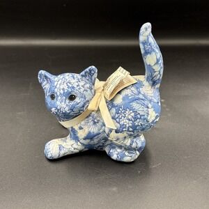 Porcelain Patchworks Crouching Kitty Cat Blue White  Vintage Cottage Core